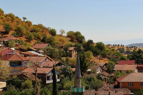 Dorf mit roten Ziegeldächern und Minarett an einem Hang im anatolischen Hochland